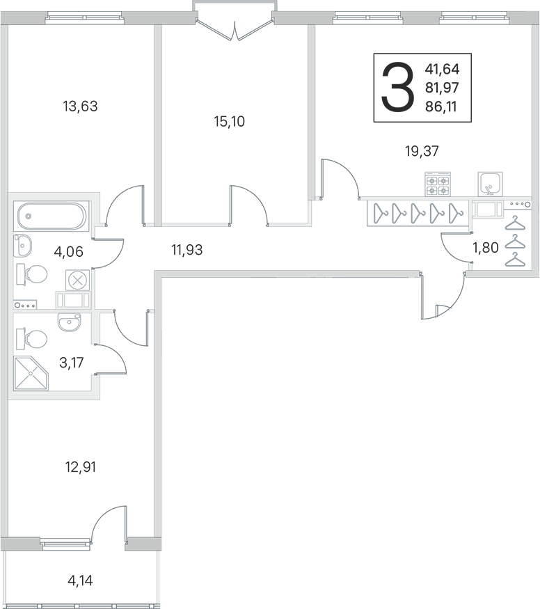 3-комнатная квартира 81.97 м², 3/4 эт., ЖК «Любоград в Стрельне»